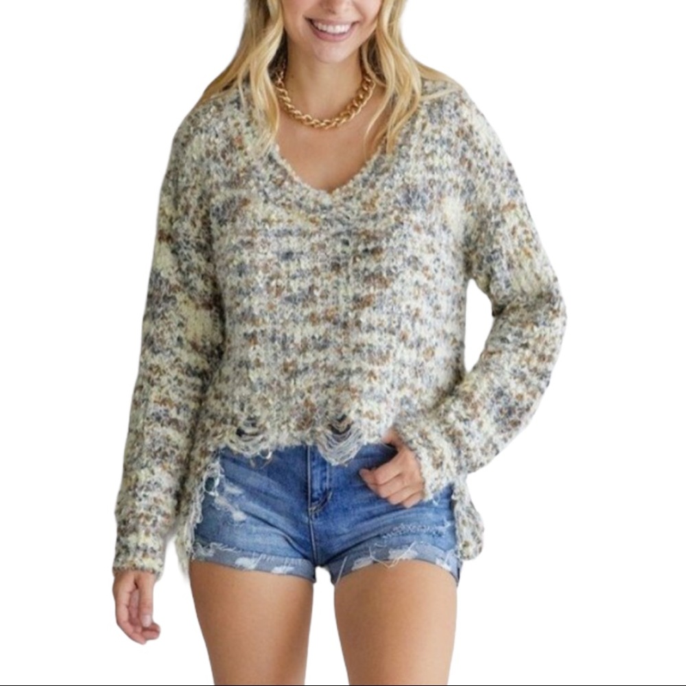 NWOT Distressed Multicolor Popcorn Pullover Sweater. Size S, M and‎ L